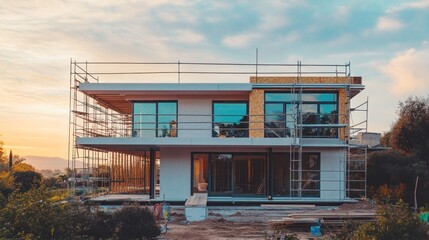 Aufkleber - Modern home under construction at sunset, scaffolding.