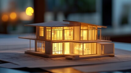 Poster - Illuminated house model on architectural plans at dusk.