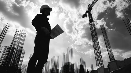 Aufkleber - Architect silhouette with plan, under construction site and crane, cloudy sky.