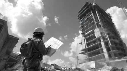 Aufkleber - Architect inspects building under construction, holding plans.