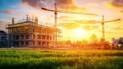 Aufkleber - Construction site with cranes and building under sunset sky.