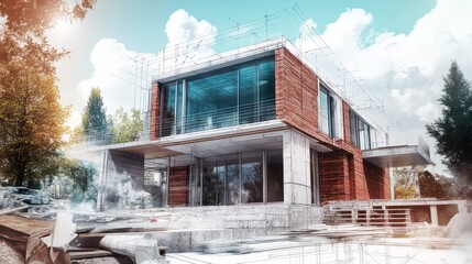 Poster - Modern house sketch overlay, construction site, unfinished project outdoors.