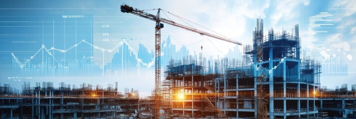 Poster - Construction site with data overlay, blurred building and crane on sky.