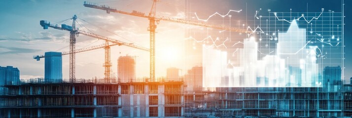 Poster - Construction site with cranes and transparent data graphs overlay.