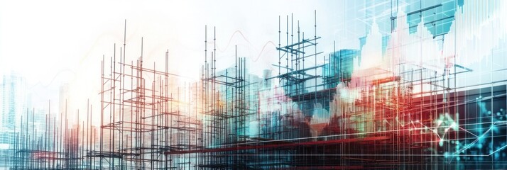 Poster - Blurred city construction with graphs overlaying buildings.