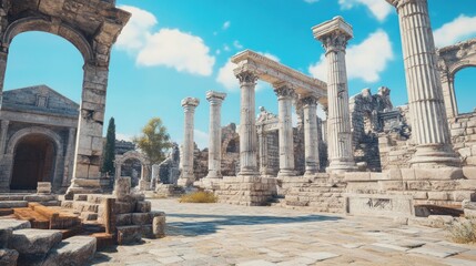 Poster - Ruined ancient columns, stone building, blue sky.
