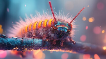 Poster - Colorful fluffy caterpillar on a twig with soft focus bokeh background.