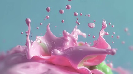 Aufkleber - Energetic animation with bright bursts of pink and green liquids surrounded by splashes. The blue background adds a sense of freshness and airiness