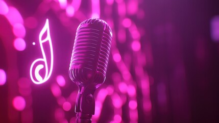 Poster - Retro microphone with a music note, bright pink neon background.