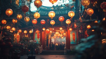 Aufkleber - Courtyard decorated with glowing paper lanterns.