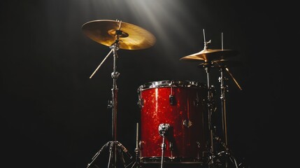 Poster - Spotlight on red drum kit with two cymbals in a dark studio.