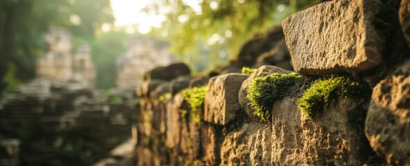 Leinwandbilder - Stone ruins with moss growth in a blurred forest with golden light.