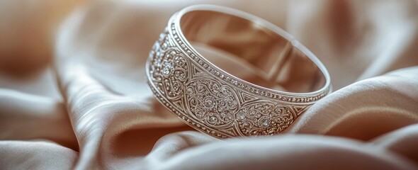 Leinwandbilder - Ornate silver bangle rests on soft, shimmering beige fabric.