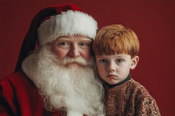 Wall Mural - Joyful festive season, lovely child boy! copyspace. Isolated white child boy in santaâ€™s chair on red background. Cute santa kid portrait. Cute santa family. Santa design inspiration.