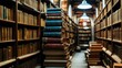 © KenPix - old library, rows of bookshelves, wooden ladders, antique books, warm lighting, arched ceiling, cozy atmosphere, narrow aisle, leather-bound tomes, scholarly ambiance, historic archives, dusty volumes