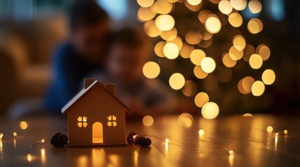 Poster - Lit wooden house with pine cones, lights, blurred children, bokeh background.