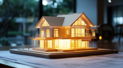 Poster - Illuminated model house on blueprints.