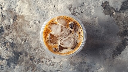 Poster - Iced coffee with cream in a clear plastic cup top-down view.