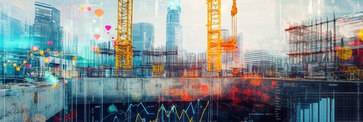Poster - Construction site with data overlays, cranes, and urban skyline.
