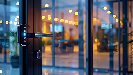Aufkleber - This smart lock is displayed on a glass door, illuminating the contemporary room with warm lighting.