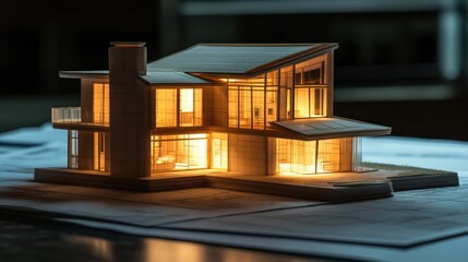Poster - Illuminated house model on blueprints.