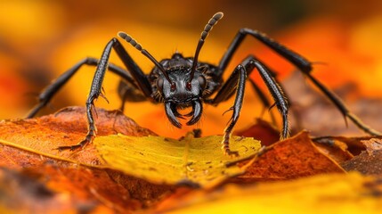 Poster - Close-up of black ant on autumn leaves, front view.