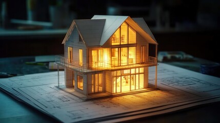 Aufkleber - Lit model house on blueprints.