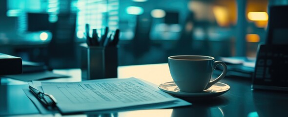 Poster - Coffee, papers, and pens on desk in office setting, moody.