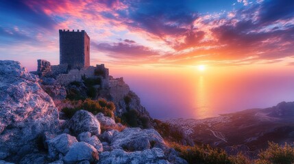 Poster - Castle ruins on cliff at sunset.