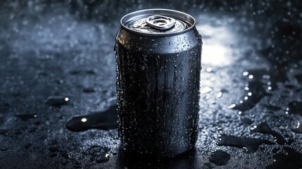 Poster - Black can with droplets on dark surface, dramatic lighting.