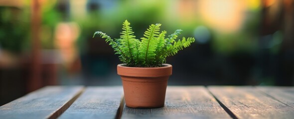 Aufkleber - Small fern in pot on wood table, out of focus background.