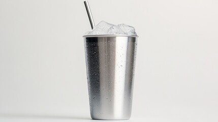 Poster - Metal tumbler with ice cubes, and straw on a white background.