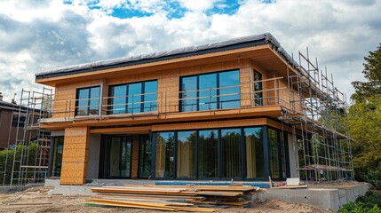 Poster - Wood home with scaffolding under construction against cloudy sky.