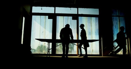 Poster - Architecture, building and silhouette of engineer people on site for property development. Collaboration, industrial and infrastructure with construction worker team in office for project management