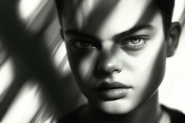 Monochrome portrait of young caucasian male with intense gaze in dramatic lighting