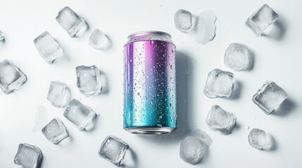 Poster - Cold aluminum can with water droplets on white background with ice cubes.