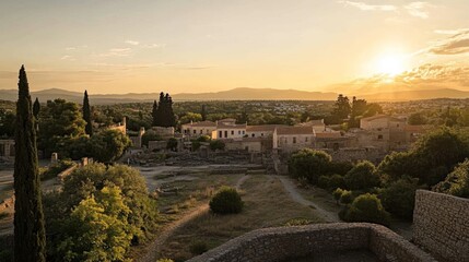 Poster - Sun rises over ruins and buildings in a town, mountains in back.