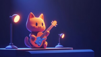 Poster - Toy cat plays guitar on stage with two spotlights.