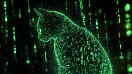 Digital Cat Silhouette in Green Code Stream - Futuristic Cyberpunk Art