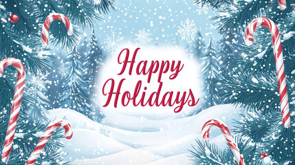 A candy cane border framing a snowy scene with a 