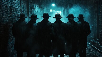 Wall Mural - a group of men standing in an alleyway at night, their faces obscured by fedoras and cloaks.