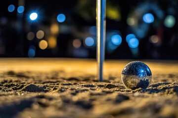 Wall Mural - Metal ball on sand near metal pole with bokeh lights at night.