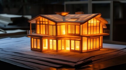 Poster - Model house with glowing interior, blueprints below.