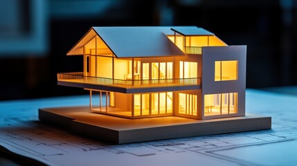 Aufkleber - Miniature modern house model with interior lights on architectural plans.