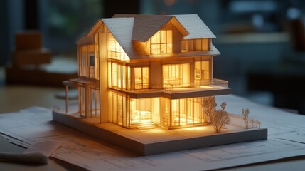 Poster - Illuminated model house atop blueprints on a desk.