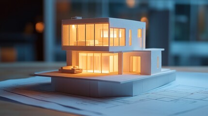 Poster - Modern white house model, illuminated interior on blue print.