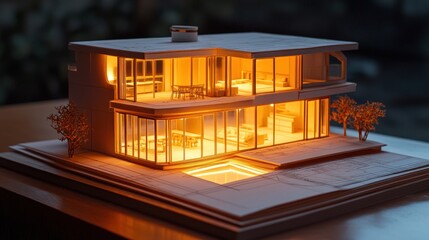 Fototapete - Miniature modern house model, warmly lit at night.