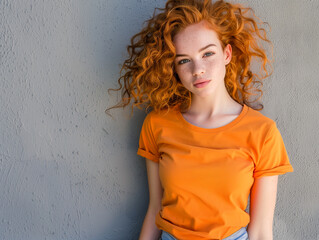 Beautiful red haired girl with curly hair posing for a closeup portrait. A fashionable young woman in a casual outfit with a trendy style.