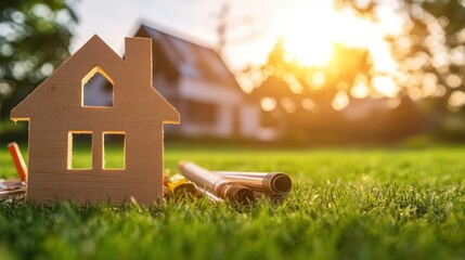 Aufkleber - Wooden house model, plans, tools on grass, blurred house background, sunset.