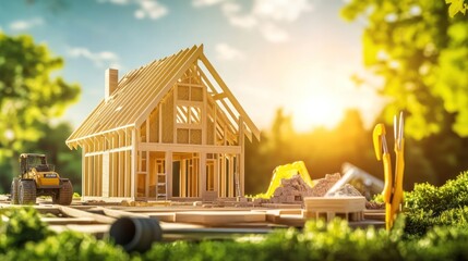 Aufkleber - Miniature house under construction, sunny.
